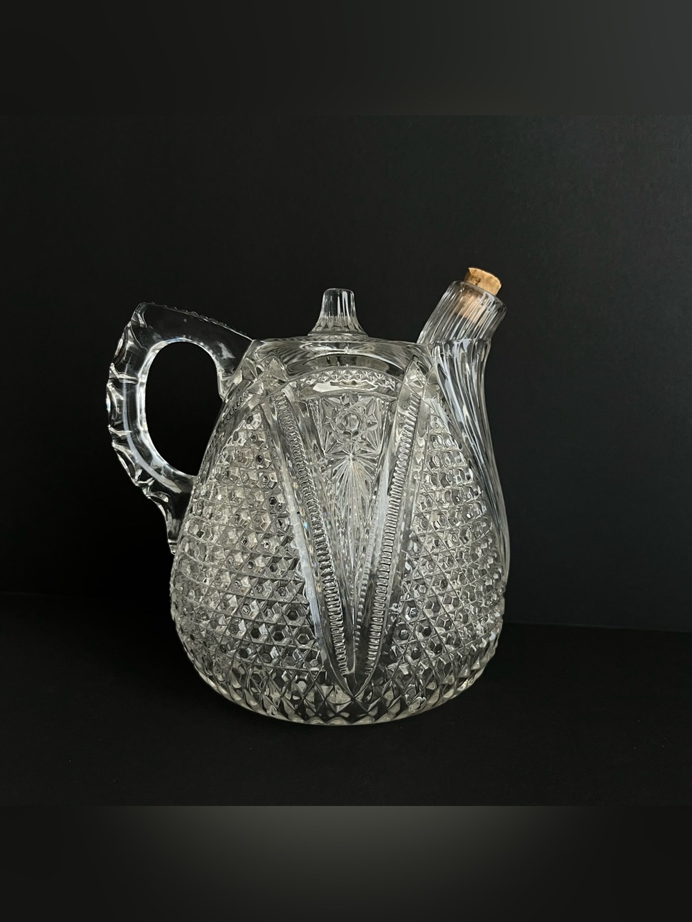Antique Clear Pressed Glass Rum Jug Pot Cork Ornate Diamond Pattern USA c1880s